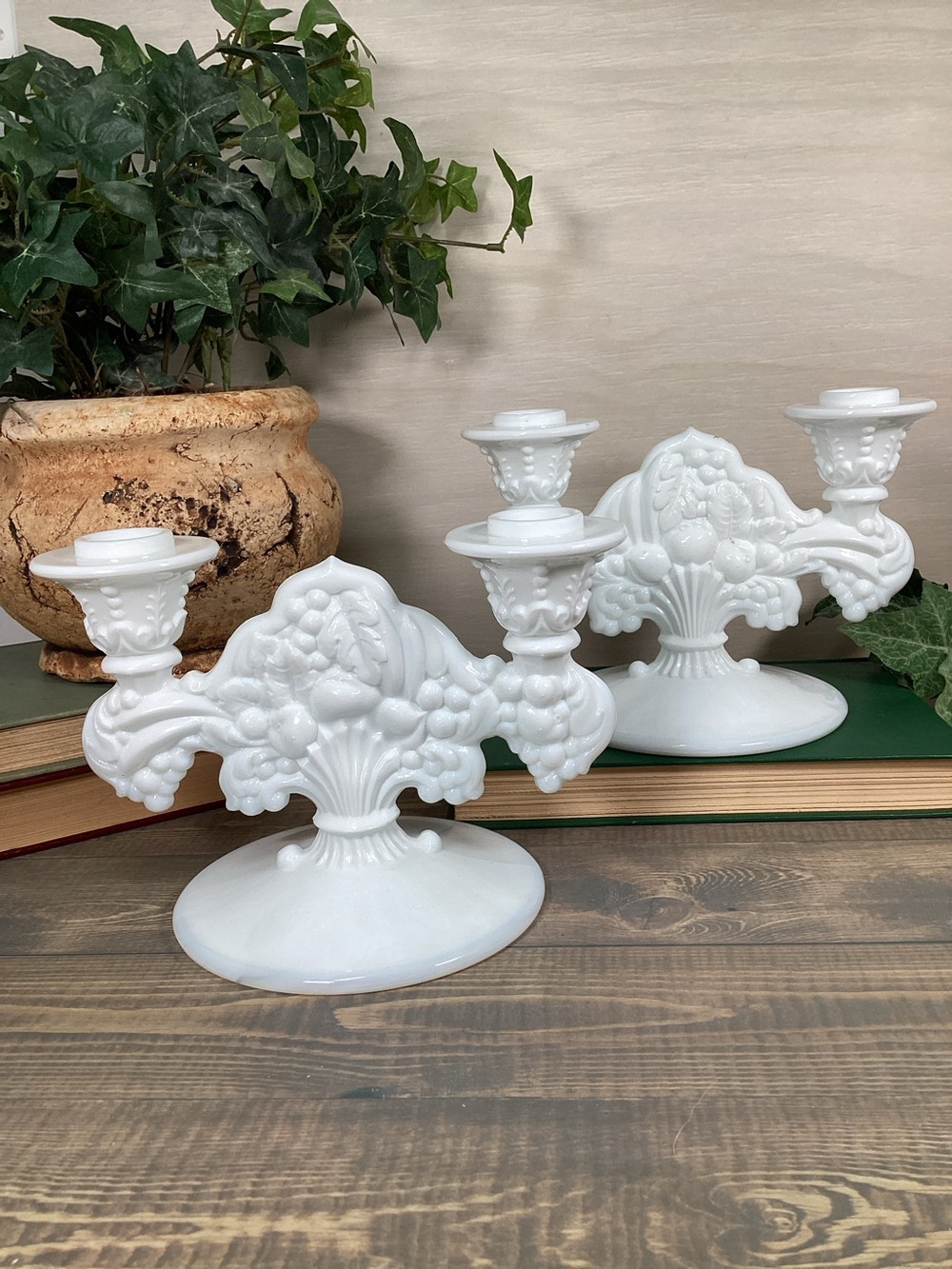 Pair Indiana Glass Double Light Candlestick Holders Garland Milkglass Fruit
